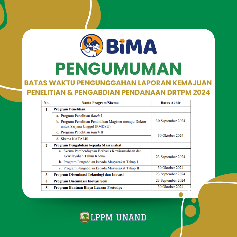 Batas Waktu Pengunggahan Laporan Kemajuan Kegiatan Penelitian dan Pengabdian Pendanaan DRTPM 2024