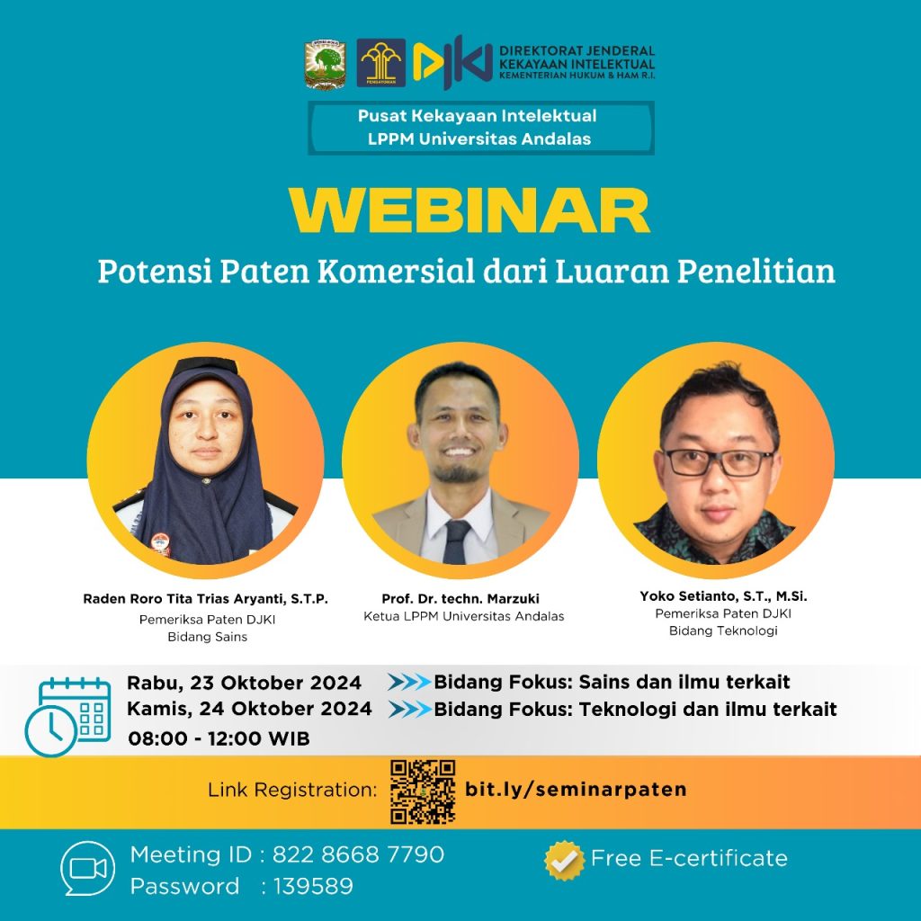 Pusat KI LPPM mengadakan kegiatan Webinar “Potensi Paten Komersial dari Luaran Penelitian”