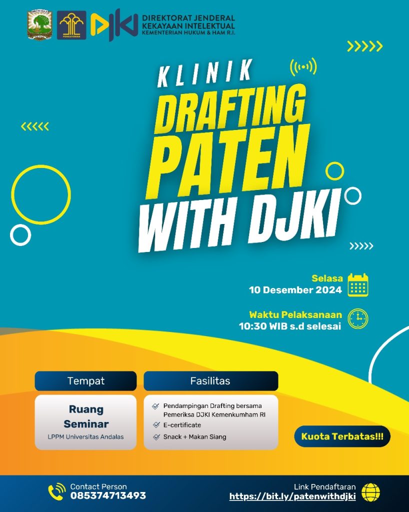 LPPM Unand bersama DJKI Kemenkumham RI mengadakan “Klinik Drafting Paten with DJKI”